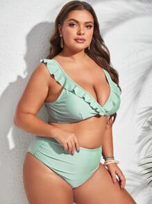 Plus Size Ruffle Trim Ruched Bikini Set Summer Beach - Army Green - View 3