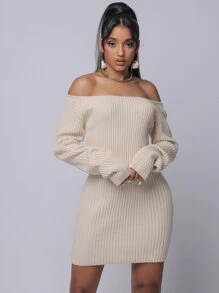 SHEIN SXY Off Shoulder Rib-knit Jumper Dress - Beige - View 1