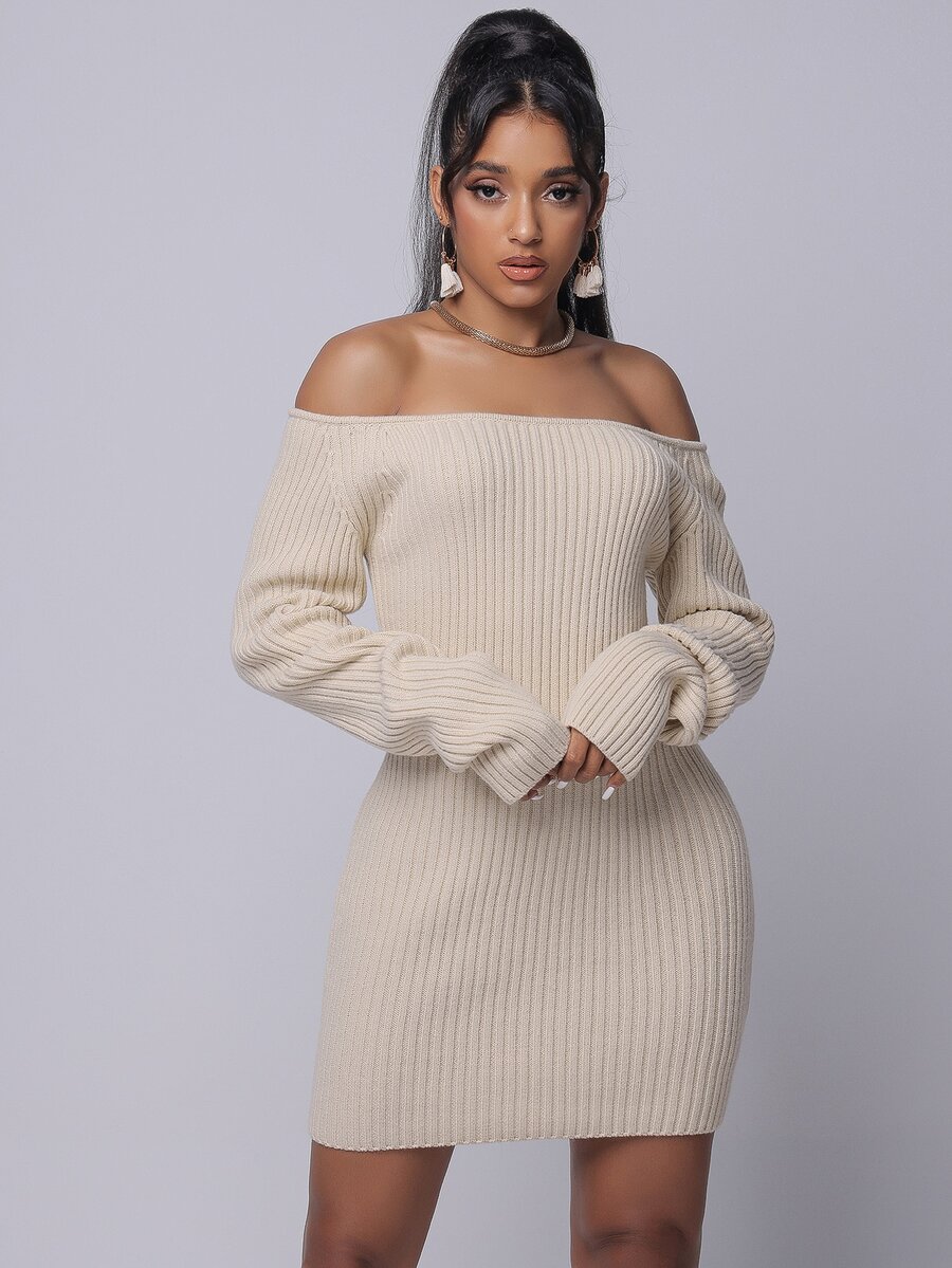 SHEIN SXY Off Shoulder Rib-knit Jumper Dress - Beige - View 1