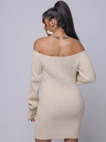 SHEIN SXY Off Shoulder Rib-knit Jumper Dress - Beige - View 2