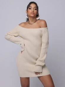 SHEIN SXY Off Shoulder Rib-knit Jumper Dress - Beige - View 4