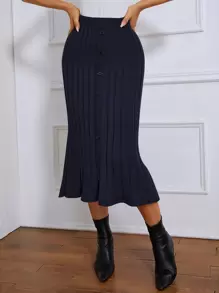 SHEIN Váy len nữ Nút Xếp li màu trơn Giải trí - Màu xanh hải quân - Xem 1