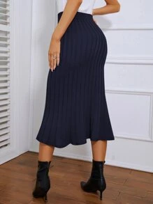 SHEIN Váy len nữ Nút Xếp li màu trơn Giải trí - Màu xanh hải quân - Xem 2