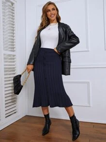 SHEIN Váy len nữ Nút Xếp li màu trơn Giải trí - Màu xanh hải quân - Xem 3