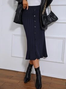 SHEIN Váy len nữ Nút Xếp li màu trơn Giải trí - Màu xanh hải quân - Xem 4
