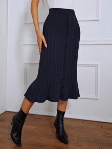 SHEIN Váy len nữ Nút Xếp li màu trơn Giải trí - Màu xanh hải quân - Xem 5