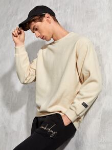 Manfinity 1件男士標語拼接細節保暖羊毛衫 - 卡其色 - 查看 5