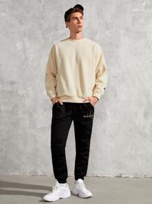 Manfinity 1件男士標語拼接細節保暖羊毛衫 - 卡其色 - 查看 6