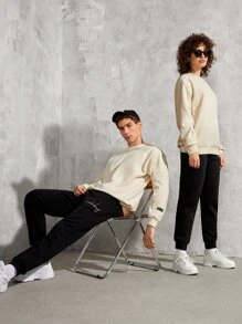 Manfinity 1件男士標語拼接細節保暖羊毛衫 - 卡其色 - 查看 8