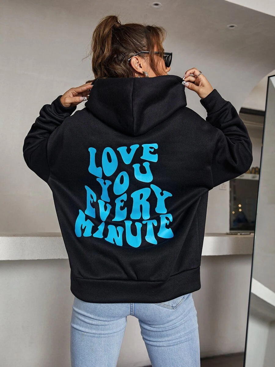 SHEIN Slogan Graphic Drop Shoulder Hoodie Pullover Fall - Black - View 1