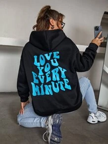 SHEIN Slogan Graphic Drop Shoulder Hoodie Pullover Fall - Black - View 2