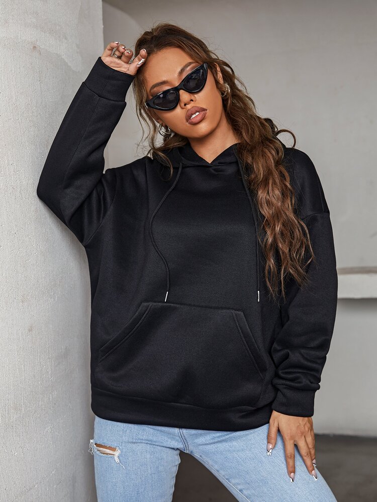 SHEIN Slogan Graphic Drop Shoulder Hoodie Pullover Fall - Black - View 4