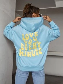 SHEIN Unity Slogan Graphic Drop Shoulder Hoodie - Baby Blue - View 1