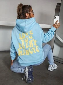 SHEIN Unity Slogan Graphic Drop Shoulder Hoodie - Baby Blue - View 2