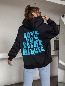 SHEIN Slogan Graphic Drop Shoulder Hoodie Pullover Fall - Black - View 5
