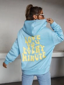 SHEIN Unity Slogan Graphic Drop Shoulder Hoodie - Baby Blue - View 3