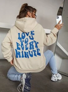 SHEIN Unity Casual "Love You Every Minute" Letter Print Pullover Sweatshirt - Apricot - View 6