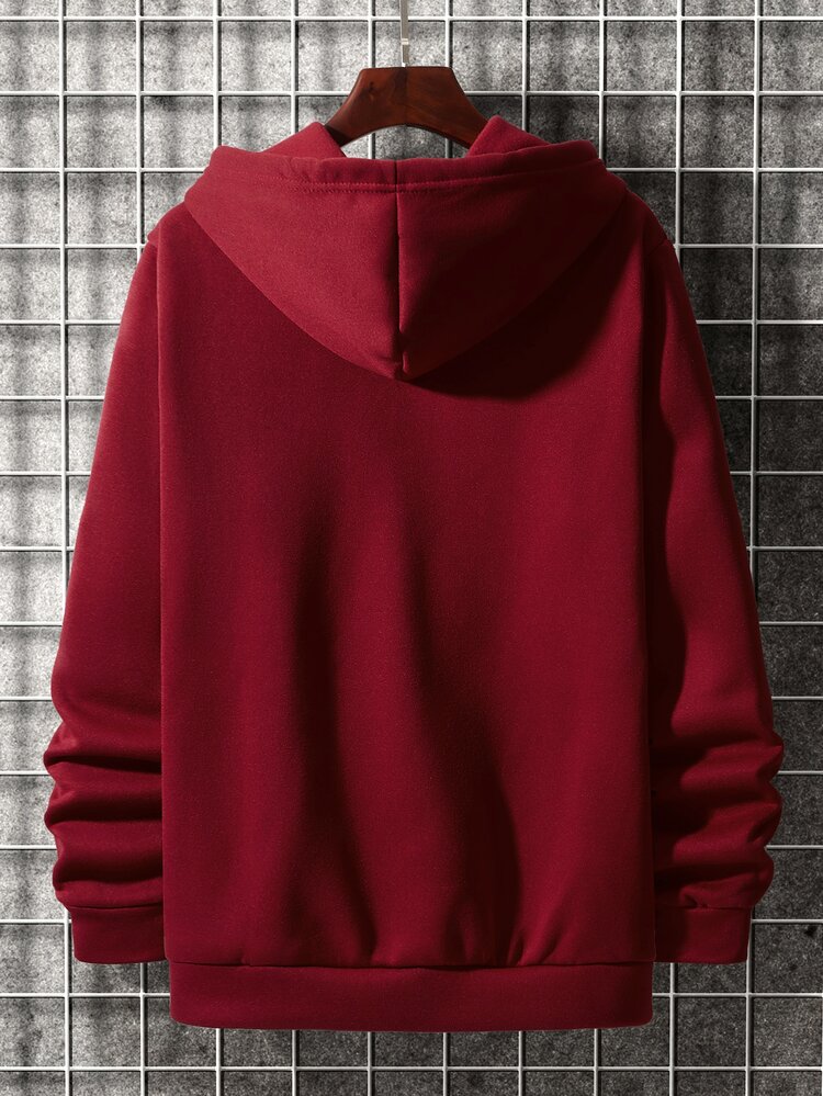 Manfinity 男士撞色袋鼠口袋抽繩連帽衫 - 酒紅色 - 查看 2