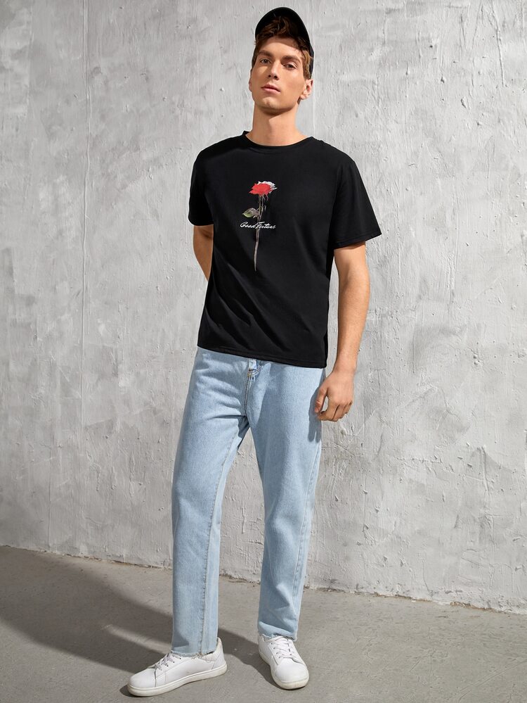 Manfinity Hombres 1 pieza Camiseta con estampado de rosa y letra - Negro - Añade 3