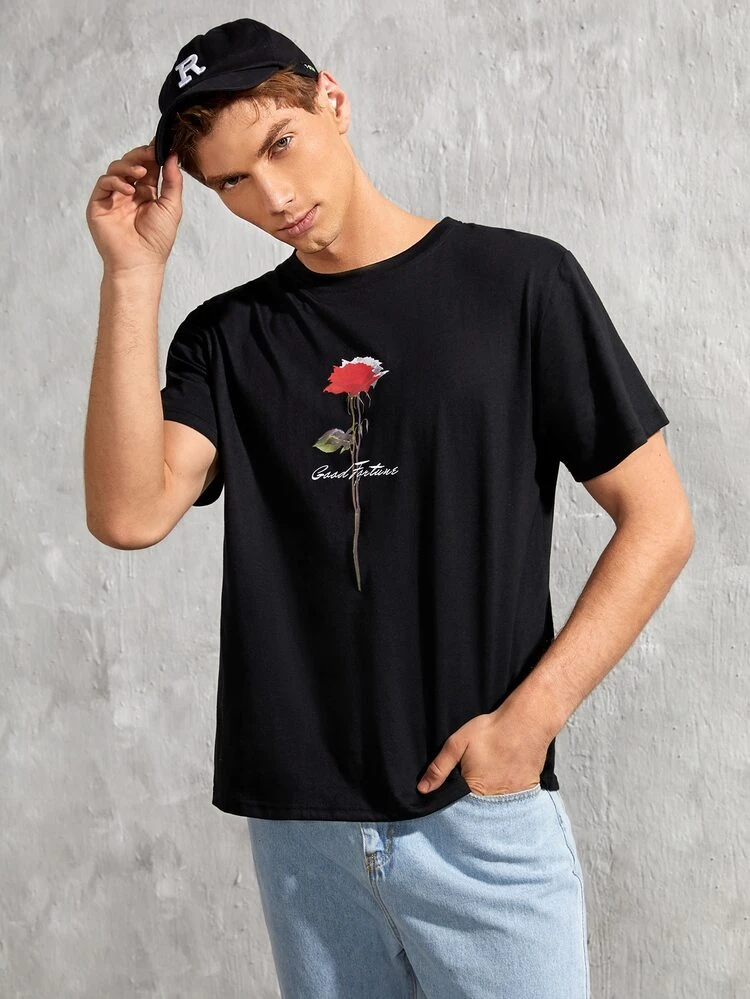 Manfinity Hombres 1 pieza Camiseta con estampado de rosa y letra - Negro - Añade 1