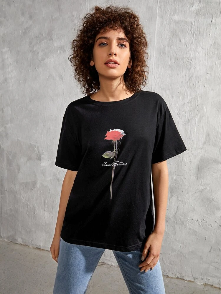Manfinity Hombres 1 pieza Camiseta con estampado de rosa y letra - Negro - Añade 6
