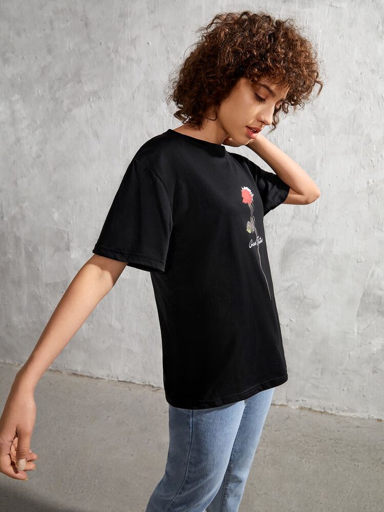 Manfinity Hombres 1 pieza Camiseta con estampado de rosa y letra - Negro - Añade 7