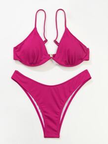 Plain Underwire Bikini For Summer Beach - Hot Pink - View 6