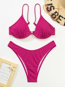 Plain Underwire Bikini For Summer Beach - Hot Pink - View 7