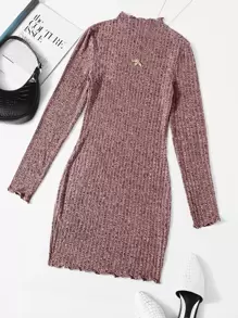 SHEIN EZwear Mock-neck Lettuce Edge Bodycon Dress - Burgundy - View 1