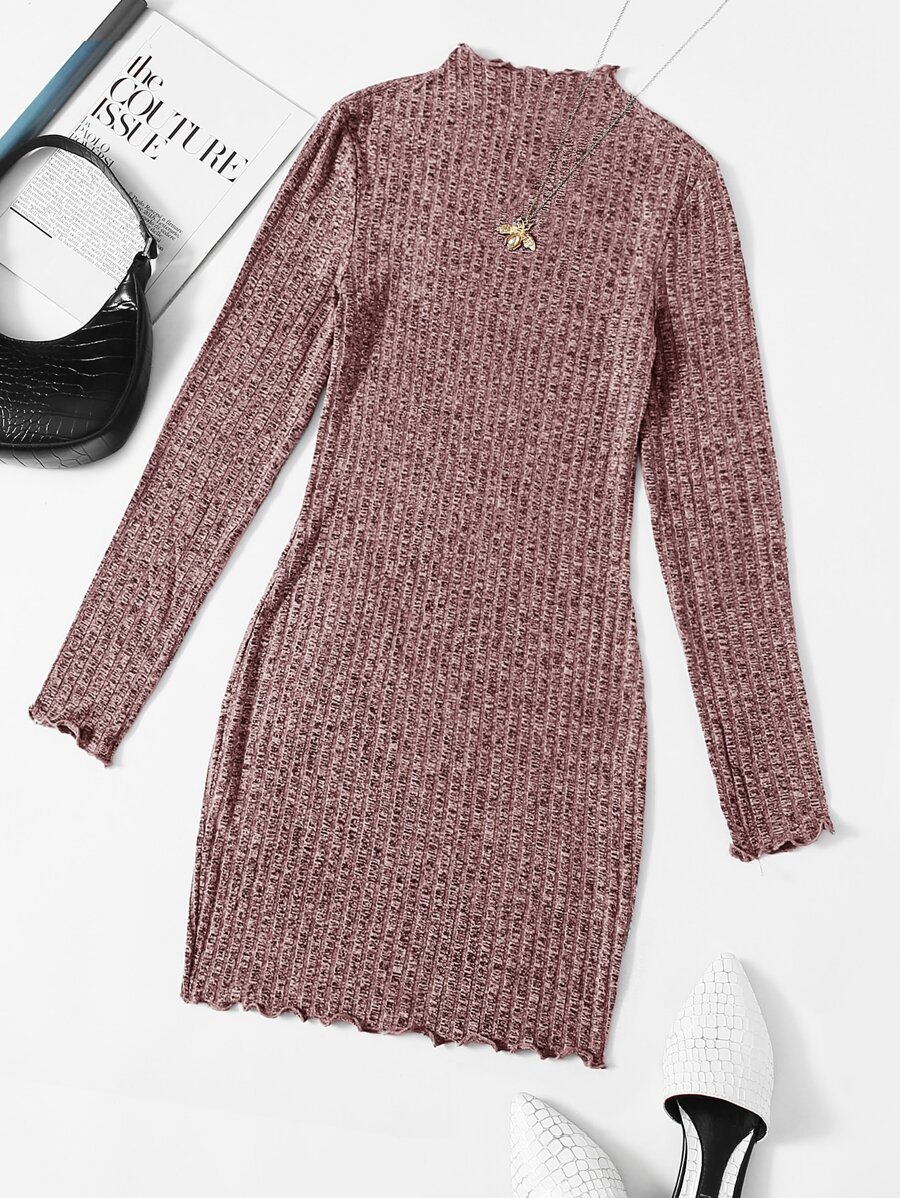 SHEIN EZwear Mock-neck Lettuce Edge Bodycon Dress - Burgundy - View 1