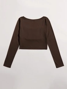 SHEIN EZwear 胸部褶皺羅紋針織短款上衣 - 巧克力棕 - 查看 2