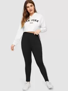 Flirla 大碼側條紋高腰緊身打底褲 - 黑色 - 查看 3