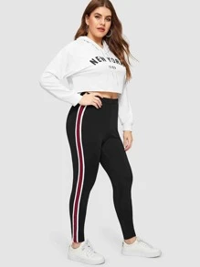 Flirla 大碼側條紋高腰緊身打底褲 - 黑色 - 查看 4