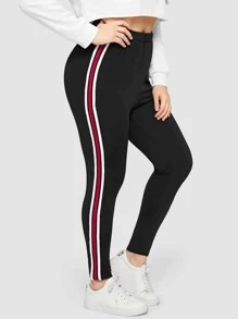 Flirla 大碼側條紋高腰緊身打底褲 - 黑色 - 查看 5