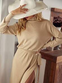 Simplee 高領落肩袖套頭毛衣 - 卡其色 - 查看 5