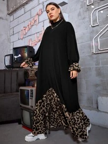 Mulvari Plus Size Leopard Panel Flounce Sleeve Ruffle Hem Dress - Black - View 4