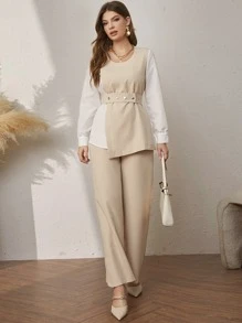 Modelyn Two Tone Asymmetrical Hem Belted Top & Trousers - Multicolor - View 1