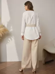 Modelyn Two Tone Asymmetrical Hem Belted Top & Trousers - Multicolor - View 2