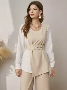 Modelyn Two Tone Asymmetrical Hem Belted Top & Trousers - Multicolor - View 3