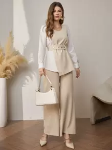 Modelyn Two Tone Asymmetrical Hem Belted Top & Trousers - Multicolor - View 4