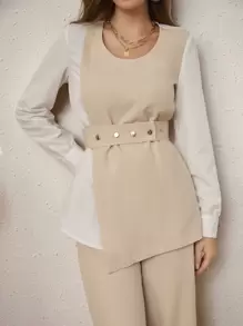 Modelyn Two Tone Asymmetrical Hem Belted Top & Trousers - Multicolor - View 5