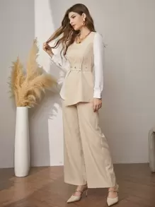 Modelyn Two Tone Asymmetrical Hem Belted Top & Trousers - Multicolor - View 6