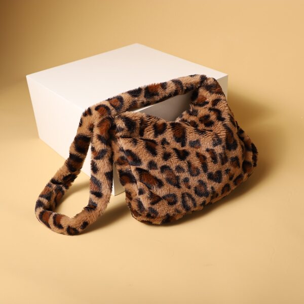 

Leopard Graphic Fluffy Shoulder Bag, Multicolor