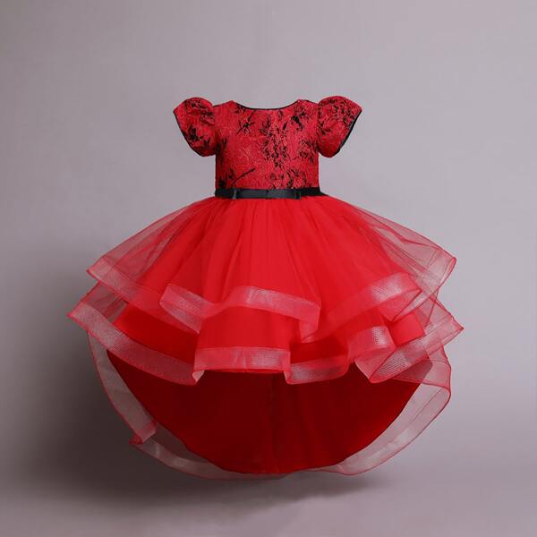 

Toddler Girls Sequin Contrast Lace Big Bow High Low Mesh Hem Gown Dress, Red