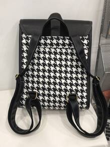 時尚假皮拼接翻蓋裝飾的女士背包學校袋,輕便攜帶,適用於青少年女孩、大學生、上班族、通勤、戶外、旅行、返校、假期等 - 黑色 - 查看 2