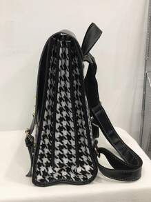 時尚假皮拼接翻蓋裝飾的女士背包學校袋,輕便攜帶,適用於青少年女孩、大學生、上班族、通勤、戶外、旅行、返校、假期等 - 黑色 - 查看 4