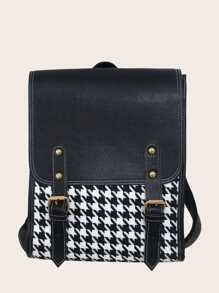 時尚假皮拼接翻蓋裝飾的女士背包學校袋,輕便攜帶,適用於青少年女孩、大學生、上班族、通勤、戶外、旅行、返校、假期等 - 黑色 - 查看 5