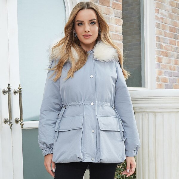 

Drawstring Waist Parka Winter Coat, Dusty blue