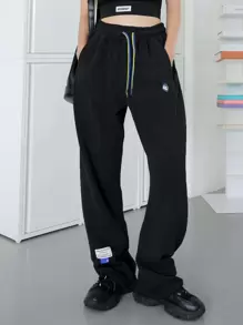 DAZY Drawstring Waist Patched Joggers - Black - View 1