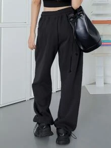 DAZY Drawstring Waist Patched Joggers - Black - View 2